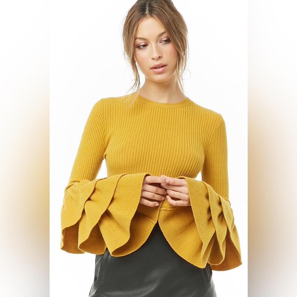 Forever 21 Mustard Yellow Ruffle Bell Sleeve Crewneck Sweater